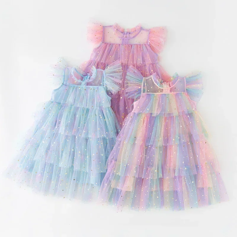 Girls Rainbow layered Dress Birthday Dress Teens Girl Clothes Summer Sequined Princess Mesh Tutu Dresses Kid Party Costume