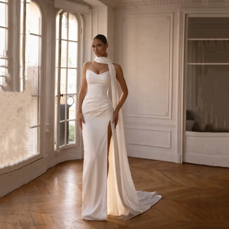 2026 Elegant Satin Sweetheart Mermaid Wedding Dress High Slit Halter Scarf Lace Up Back Bridal Gown Vestido De Novia Custom Size