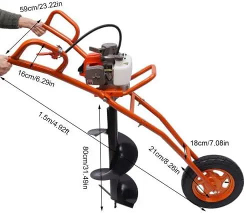 Post Hole Digger, 2 Stroke 63Cc 2.2Kw Gas Powered Earth Auger Borer Ground Drill Gasoline Earth Auger Wheelbarrow W/Earth Auger