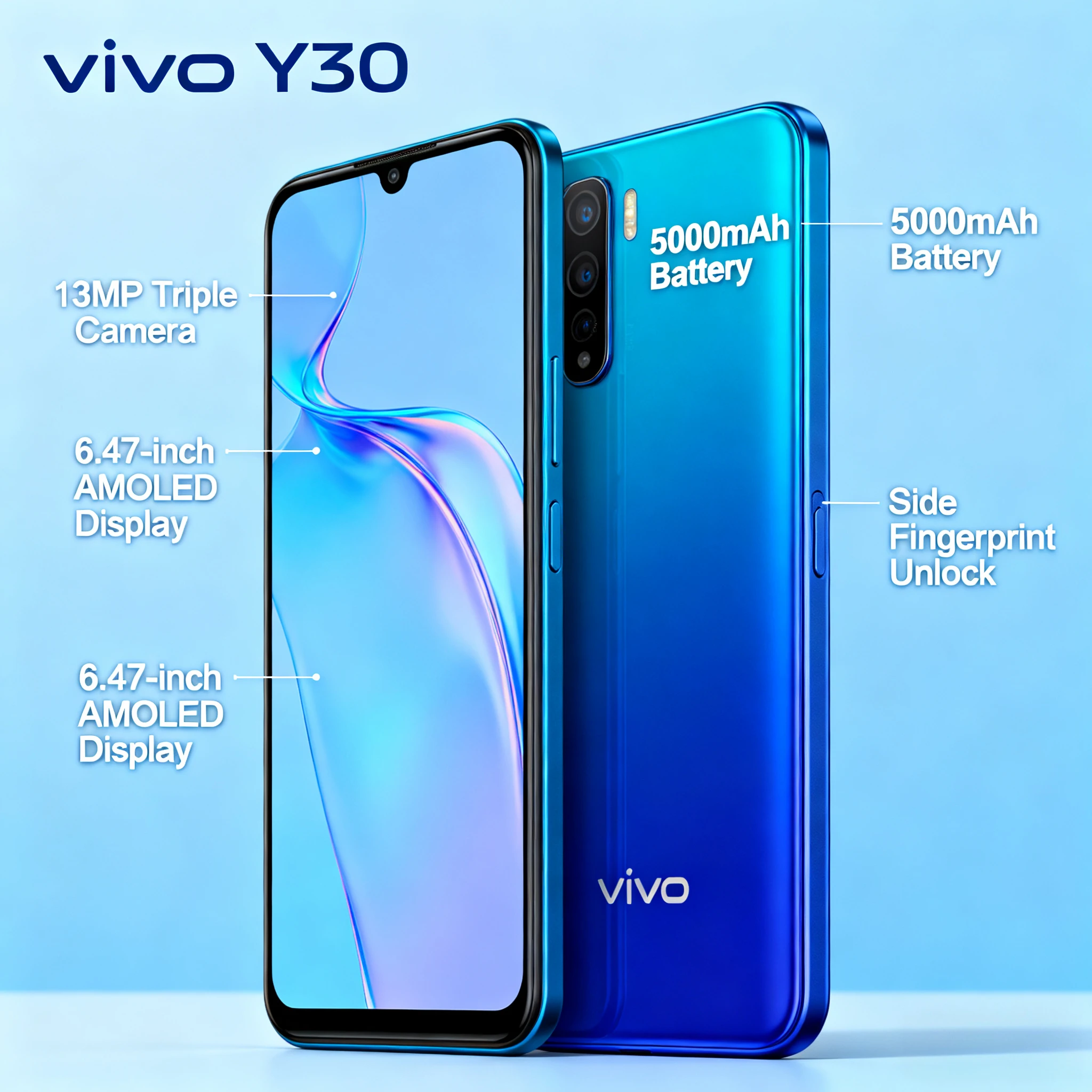 Vivo Y30 Full Netcom 5000mAh بطارية كبيرة Qualcomm Snapdragon 460 بصمة مفتوحة 4G الهاتف الذكي Celulares
