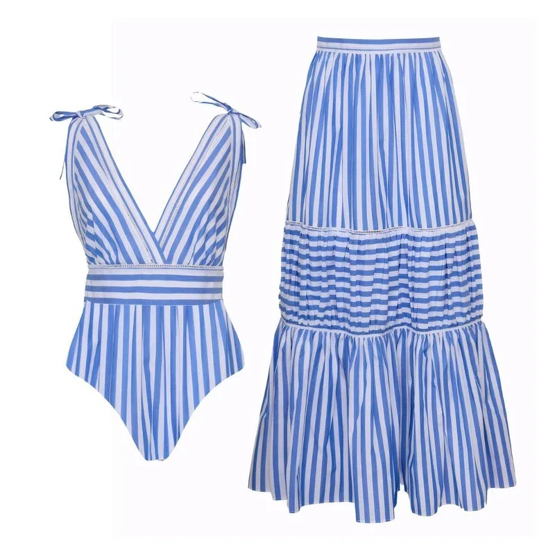 

2025 Flaxmaker New Women Swimwear Bowknot Striped One Piece Swimsuit V-neck Bathing Swimming Suit Summer Beachwear Bodysuit