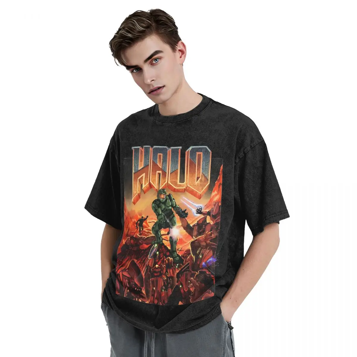 男性と女性のためのウォッシュドヒップホップTシャツ,ノベルティTシャツ,原宿ストリートウェア,綿100% トップス,サマートップ,ハローゲーム