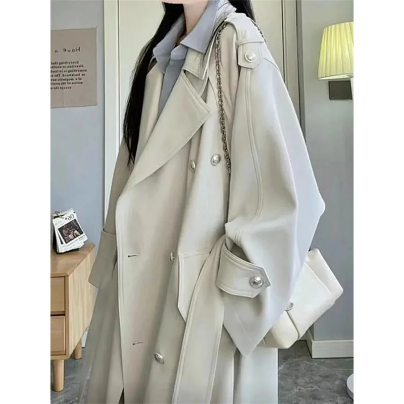 Spring Autumn Ladies Fashion Solid Color Tie Up Trench Jacket Women Long Sleeves Windbreaker Korean Feminine Medium Length Coat