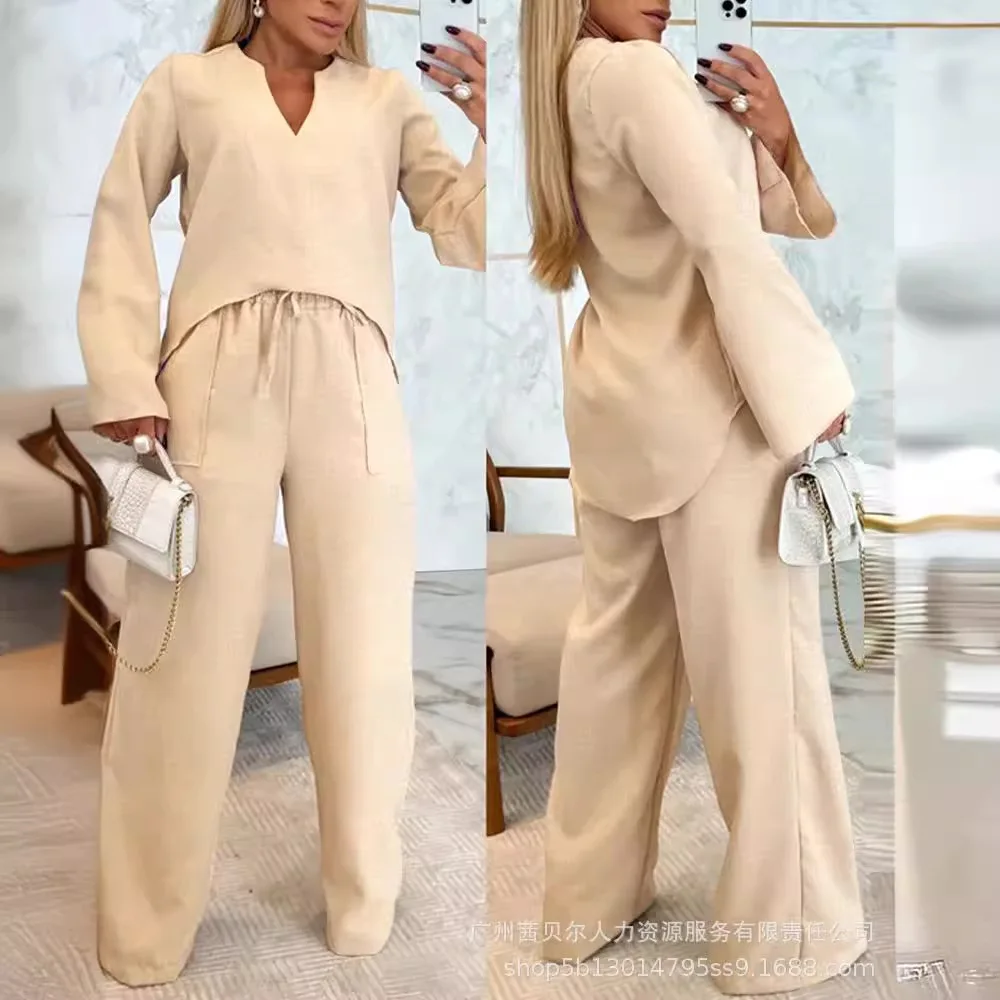 Apricot Long-sleeved Loose V-neck Casual Top Set Waist Strap Wide-leg Trousers Sets for Women