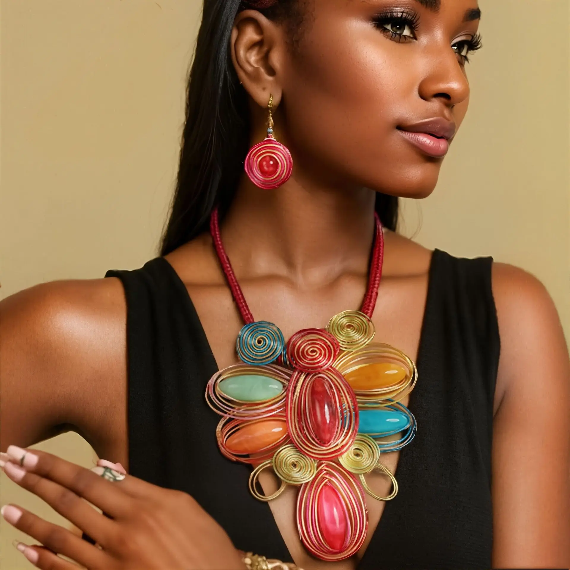 

Personalized light luxury resin aluminum strip handmade necklace earrings set exaggerated olive pendant necklace