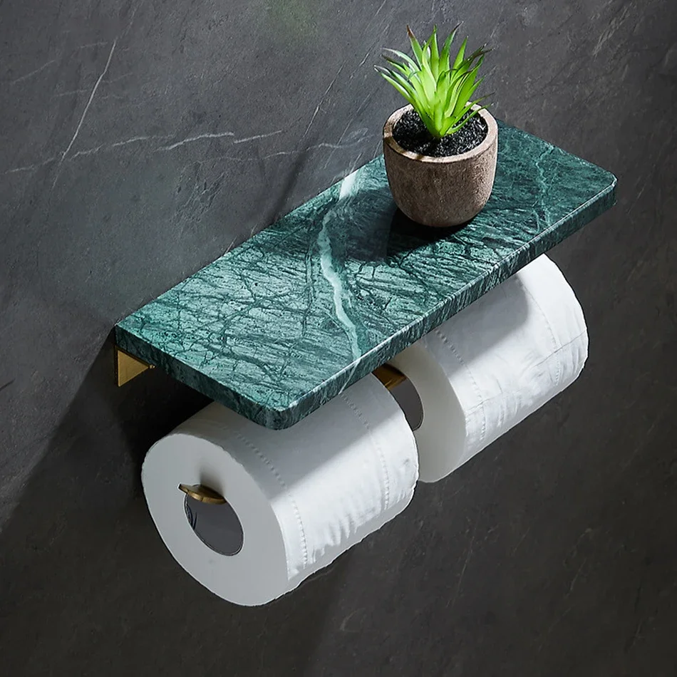 

Double Paper Holder Aluminum Green Gold Marble Kitchen Bathroom WC Paper Towel Rack with Phome Shelves Lavatory Tissue Hanger