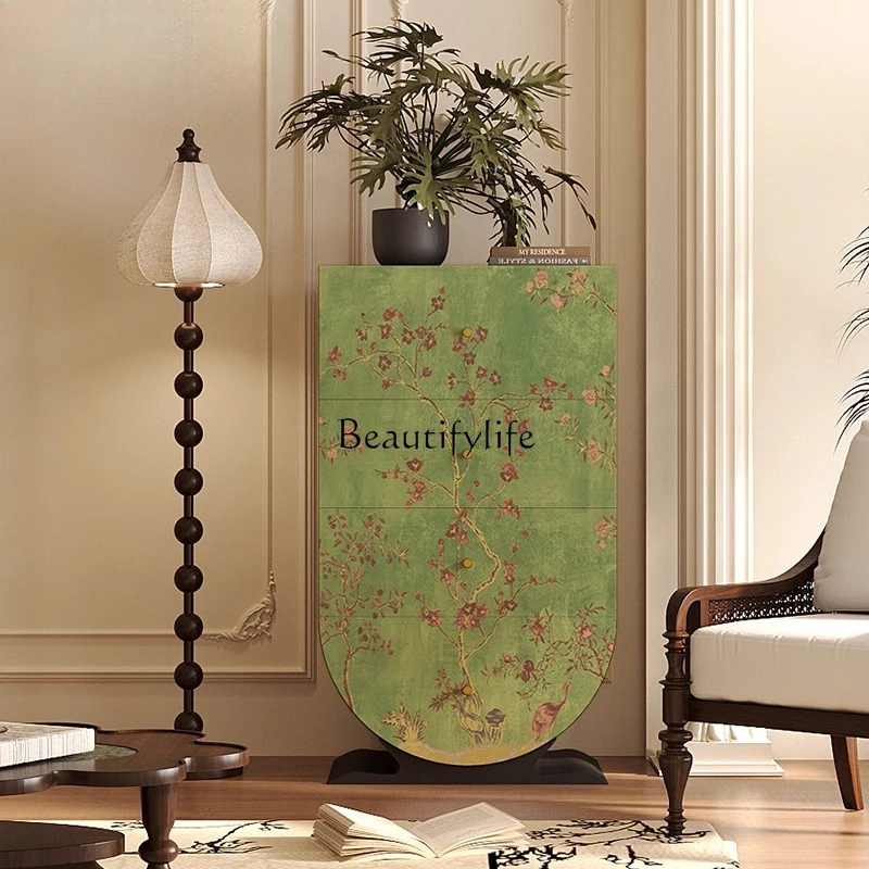 

American retro flower and bird picture solid wood living room entrance cabinet four chest cabinets next to the sofa