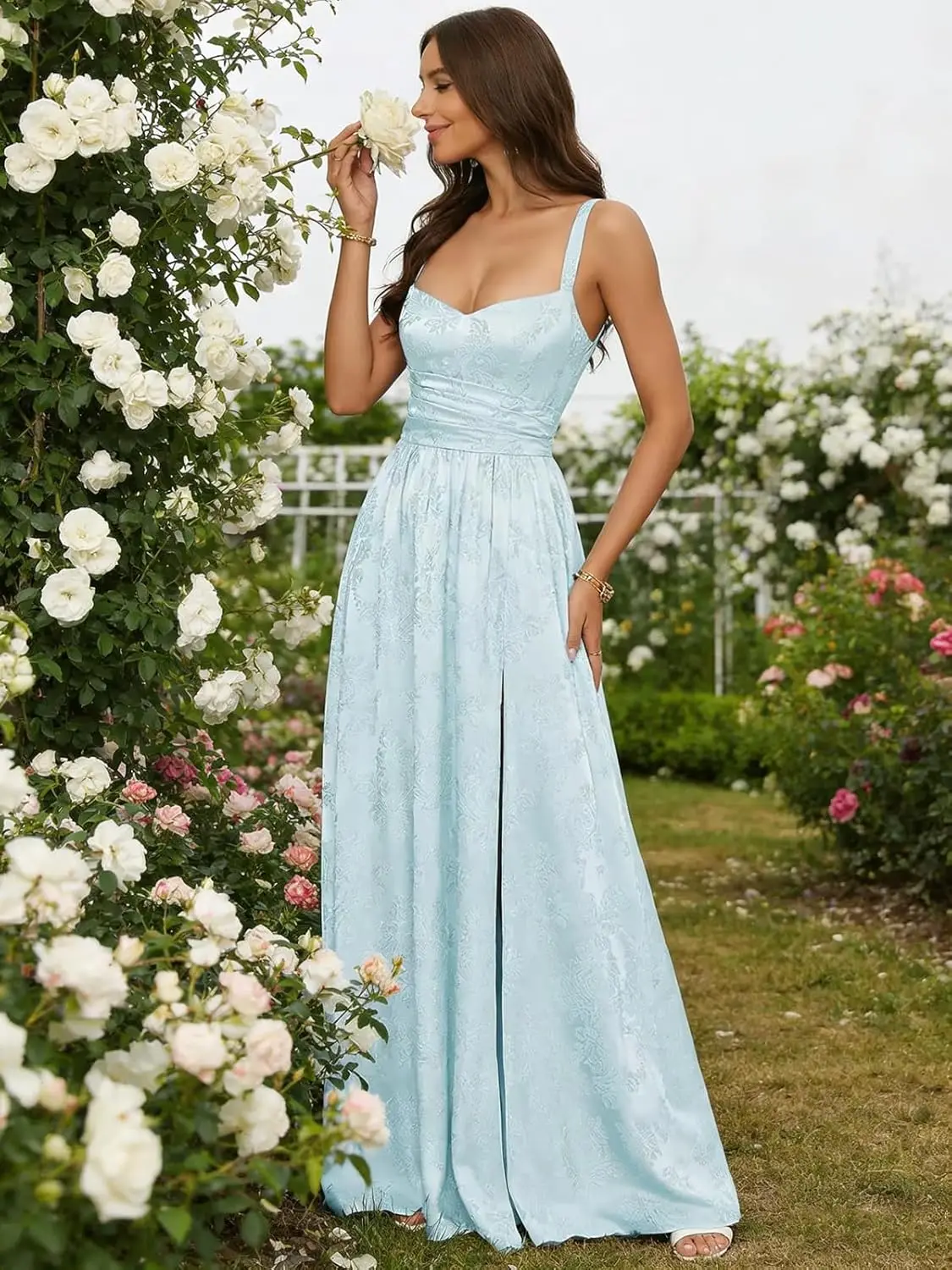 

Spaghetti Straps A Line Long Bridesmaid Dress Formal Dress Jacquard Satin Prom Dresses with Slit Women Elegant Evening Gowns