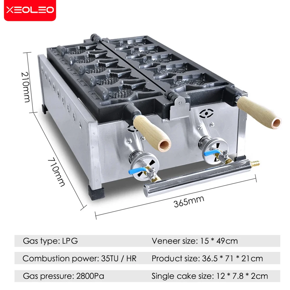 XEOLEO Commercail Taiyaki Maker w kształcie ryby maszyna do gofrów otwarte płytki ryby kuchenka do ciasta 5 szt. Gaz LPG w kształcie ryby d maszyna