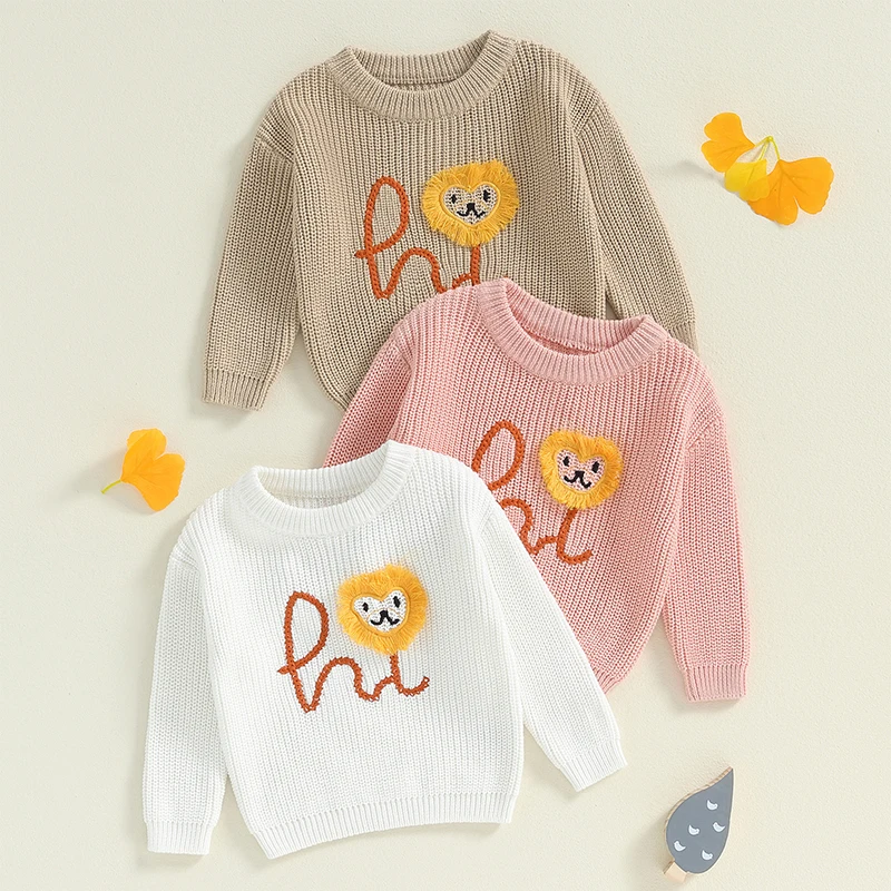 

Baby Girl Boy Fall Sweater Liont&Letter Embroidery Long Sleeve Round Neck Loose Knit Pullover