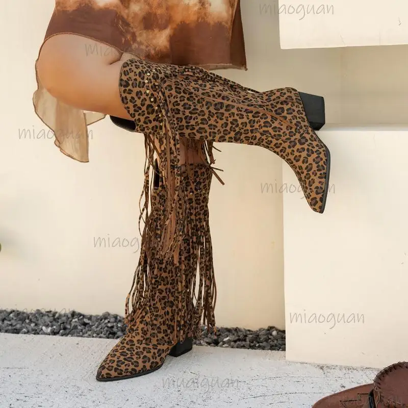 Western Leopard Fringed Riding Boots Women 2025 Autumn Sexy Pointed Toe High Heel Cowgirls Boots Fashion Knee-High Booties