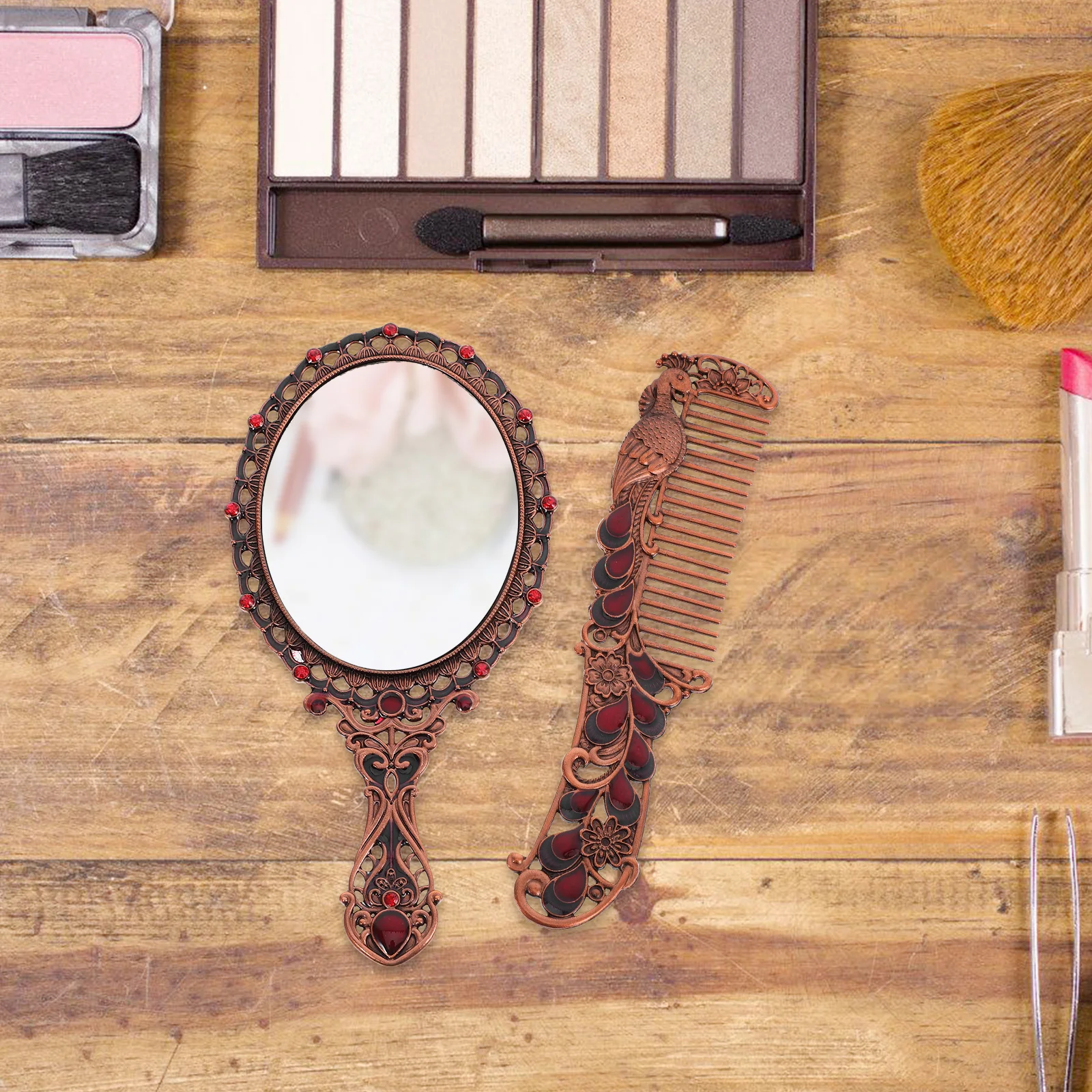 

Vintage Comb Mirror Zinc Alloy Small Makeup Mirrors Wear Resistant Portable Travel Vanity Bathroom Decorative