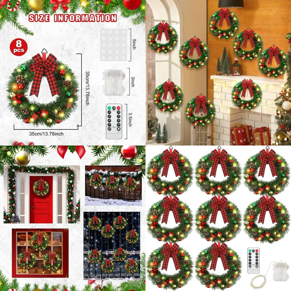 

Рождественский венок со светодиодной подсветкой на батарейках, 14-дюймовый искусственный венок с предварительной подсветкой и таймером, праздничный декор для уличных дверей, окна,