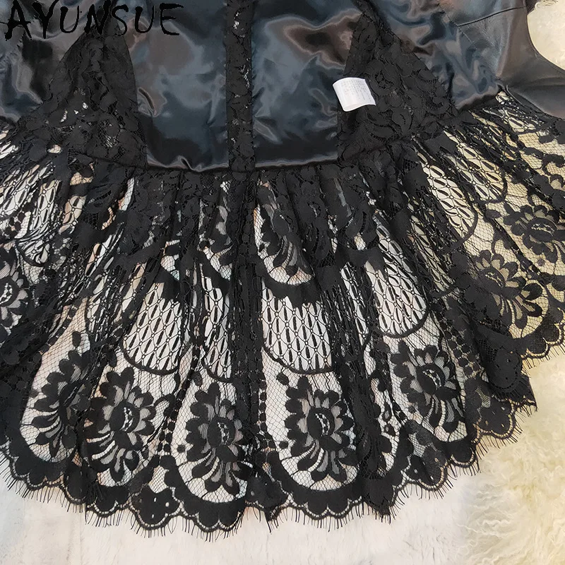 AYUNSUE 정품 양피 진짜 가죽 자켓 여성 2025 Motocycle 자켓 슬림 맞는 봄 가을 여성 의류 레이스 스플 라이스