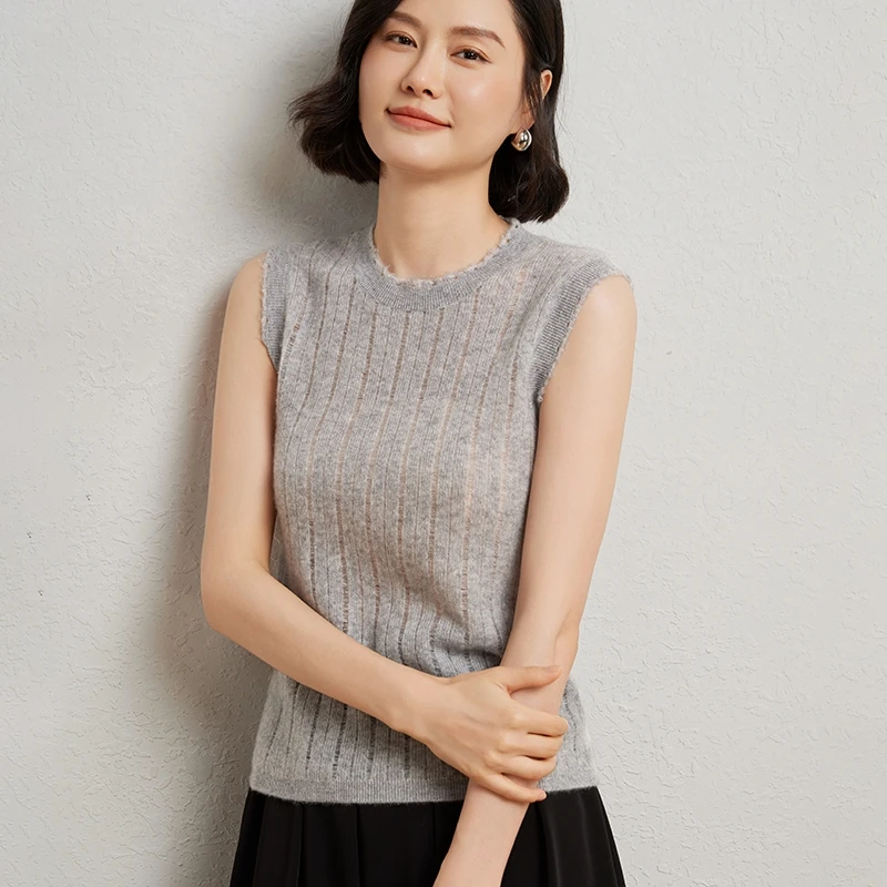 

Модный трикотаж без рукавов, свитер из 100% мериносовой шерсти, пуловер, женский шелковый трикотаж с круглым вырезом, базовая элегантная одежда, топы