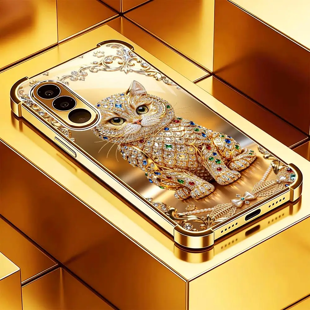 Cute gemstone gold cat Tempered Glass Fashion phone case for Samsung Galaxy S26/S25/S24/S23/S22/S21 FE Ultra Plus Dropresistant
