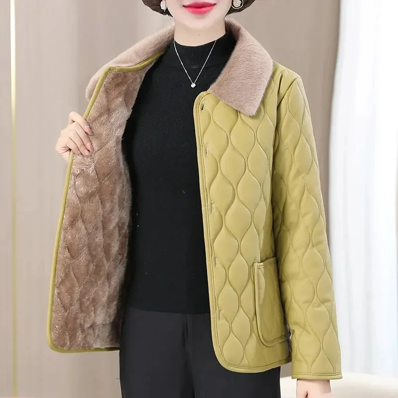 Fashion Plus Size Loose Thick Fur Collar Coat For Mid-Aged Women With Velvet Warm Quilted Coat Winter Plush Jacket Winter Mom's