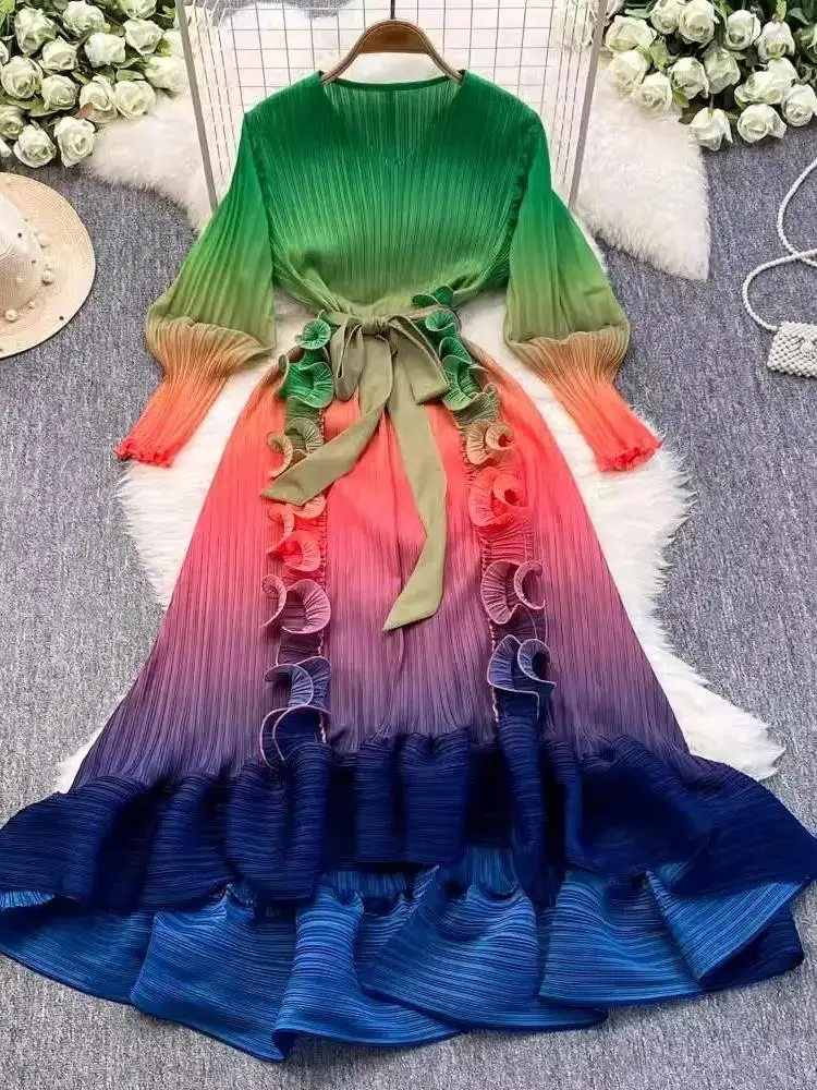 Women's V Neck High Stretch Lace Up Belt Boho Dresses Luxury Miyake 3D Ruffles Splice Gradient Color Pleated Robe Party Clothing