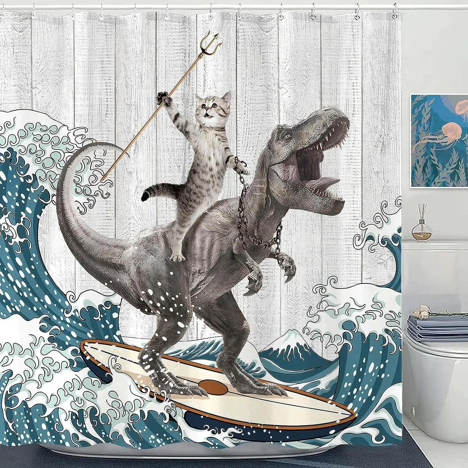 Funny Shower Curtain Brave Cat Cartoon Shower Curtain Waves Ocean Decor Fabric Shower Curtain Set with Hooks Bathroom Decoration