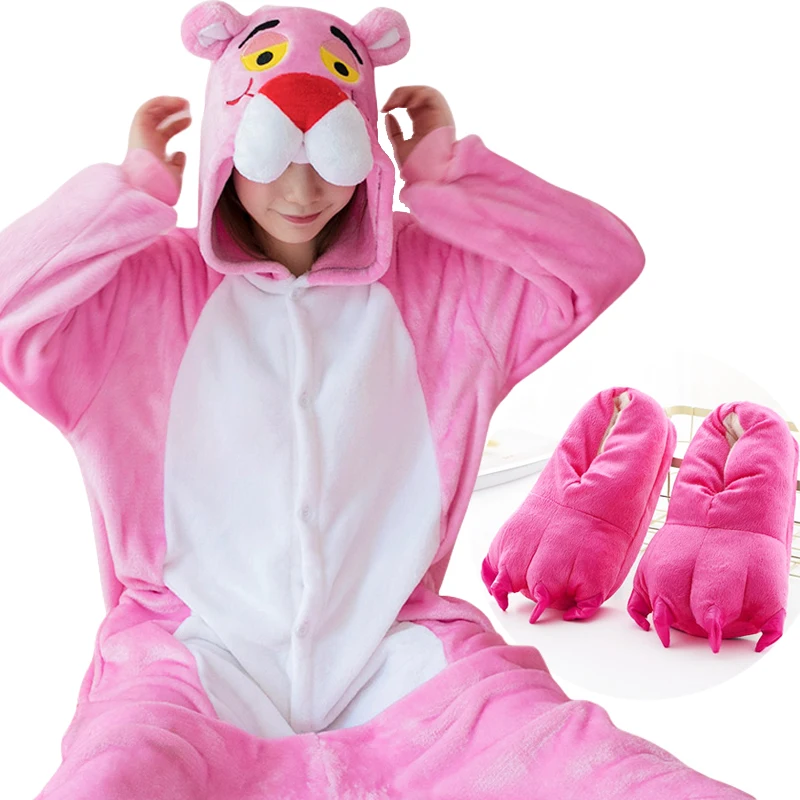Ensemble pyjama licorne Kigurumi léopard rose, pyjama Animal en flanelle pour dames, nuisette d'hiver, vêtements de nuit, pantoufles Cosplay pour la maison
