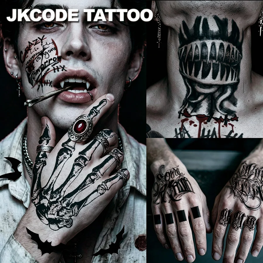 9-Piece Halloween Horror Skeleton Costume Tattoo Set | Halloween Makeup Temporary Tattoos, with 12 3D Bat Sticker Sets, Men's and Women's Party Costume Accessories, Skull Pattern, Party Horror Costumes