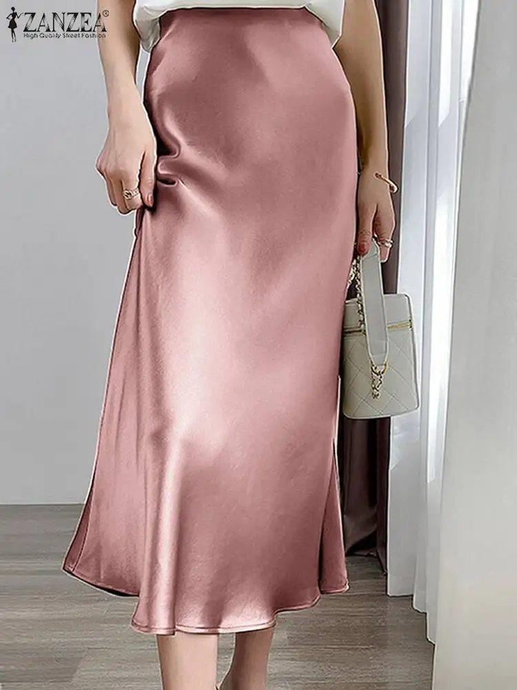 Elegant Women OL Party Satin Skirts ZANZEA 2023 Summer Fashion High Waist Solid Midi Skirt Jupe Female Holiday Work Faldas Saia