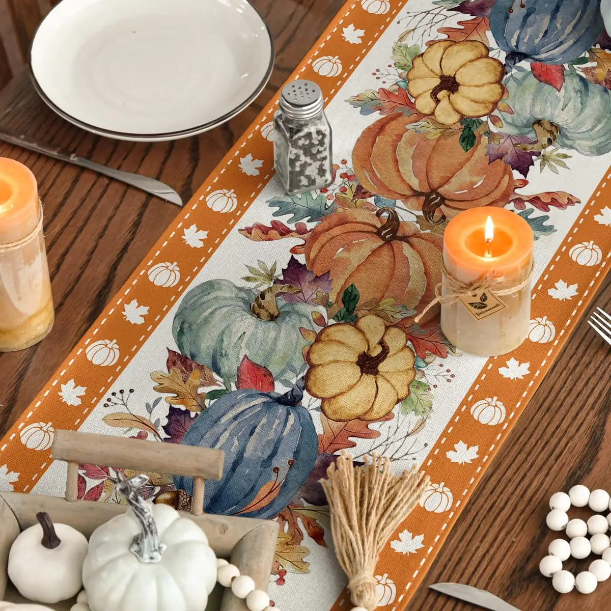 Fall Table Runner Home Party Decor Watercolor Pumpkin Leaves, Seasonal Kitchen Dining Table Decoration 6