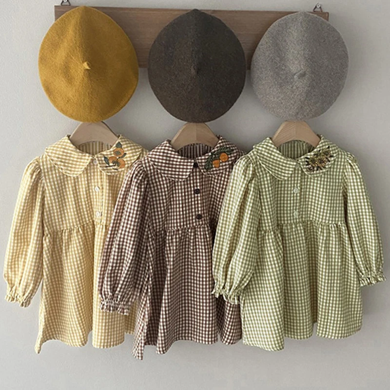 2023 Children Dresses Spring Summer Girls Clothing Cute Kids Baby Girl Plaid Cotton Linen Lapel Collar Dress Long Sleeve Dress