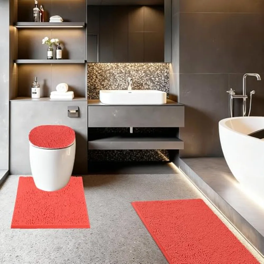 

Bathroom Rugs Sets 3 Pcs with Adjustable Toilet Seat Cover 19.5"x 18.5" Machine Washable Bath Rug Set with TPR Non Slip Rubber