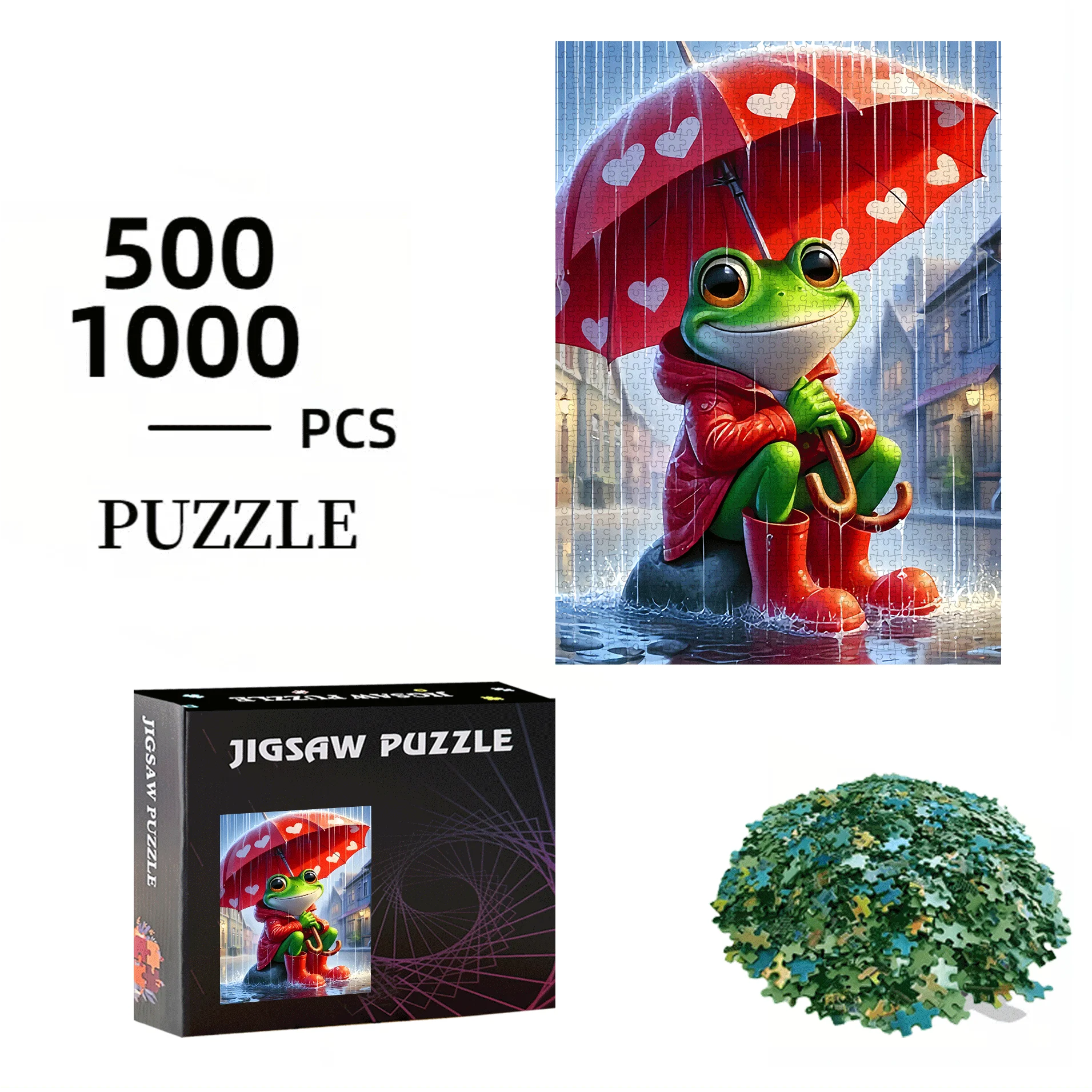 500pcs or 1000pcs Jigsaw Puzzle with Cute Frog & Umbrella - Challenging Rainy Day Scene with Hearts & Frog Characters, Vibrant