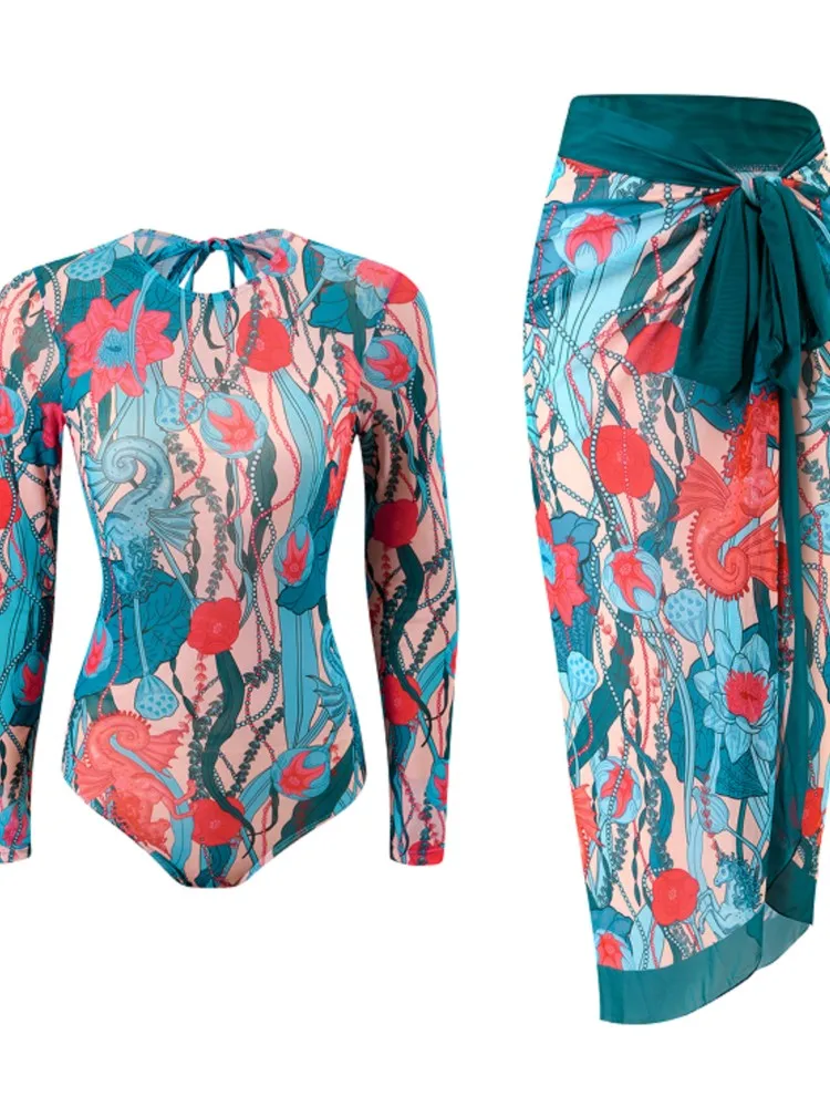 ชุดว่ายน้ำเซ็กซี่เอวสูง 5 ชิ้น สำหรับผู้หญิง ชุดบิกินี่แขนยาว ชุดว่ายน้ำชายหาด ชุดว่ายน้ำฤดูร้อน