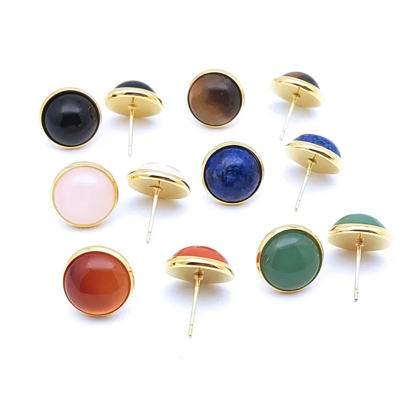 12MM Natural Stone Round Gold Color Stud Earrings Jewelry Tiger Eye Opal Blue Pink Green Crystal Earings Women Men Gift