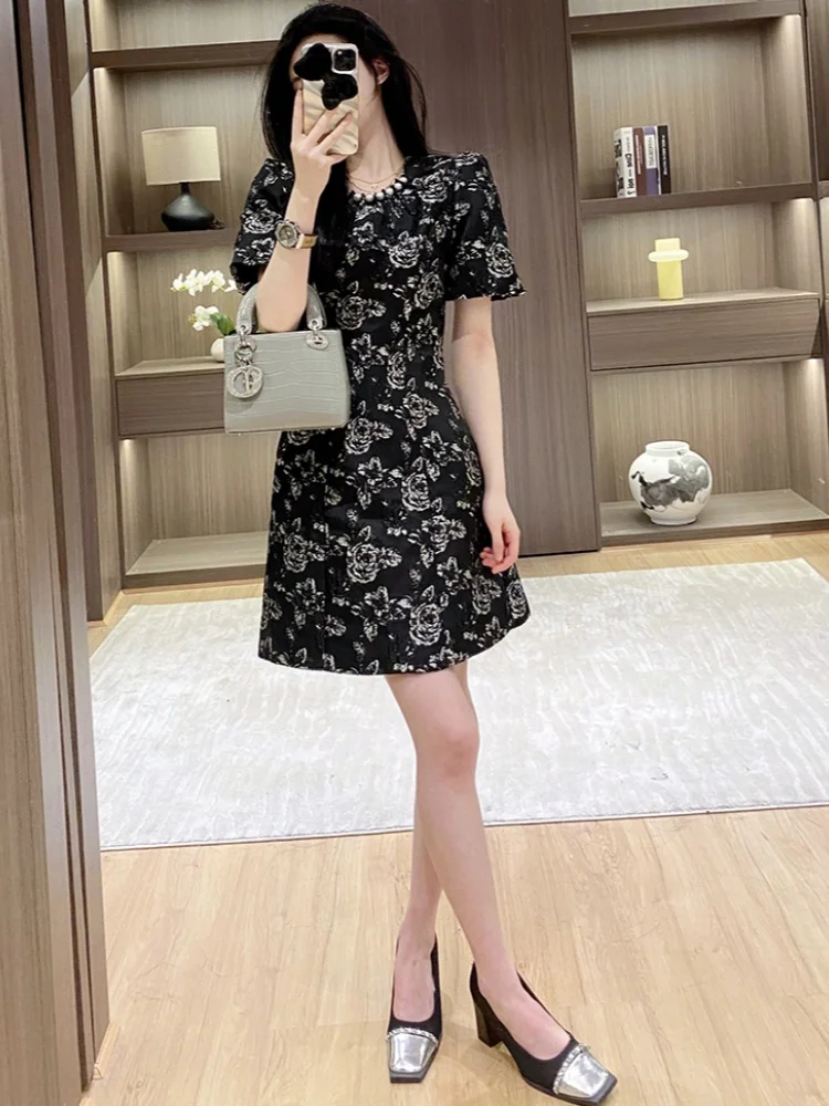 

SMTHMA High End Design Jacquard Bead Black Dress Women's Short Sleeve O-Neck Luxury Slimming Waist A-line Short Dresses Vestidos