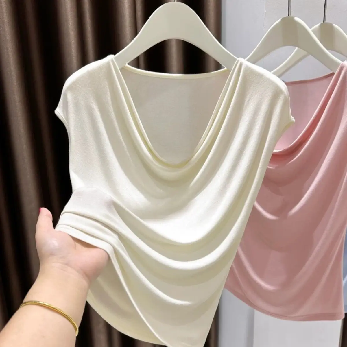 Elastic Skin Mask Sleeveless T-Shirt Women's Summer New Style Pure Desire Sexy Open Collar Slim Fit Inner Wear Top