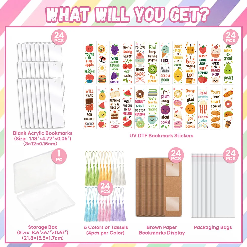 121pcs Fruit Series UV DTF Bookmark Making Kit Acrylic Carft for Women Men Adult DIY Cute Bookmarker Decal Stickers Warps Kit