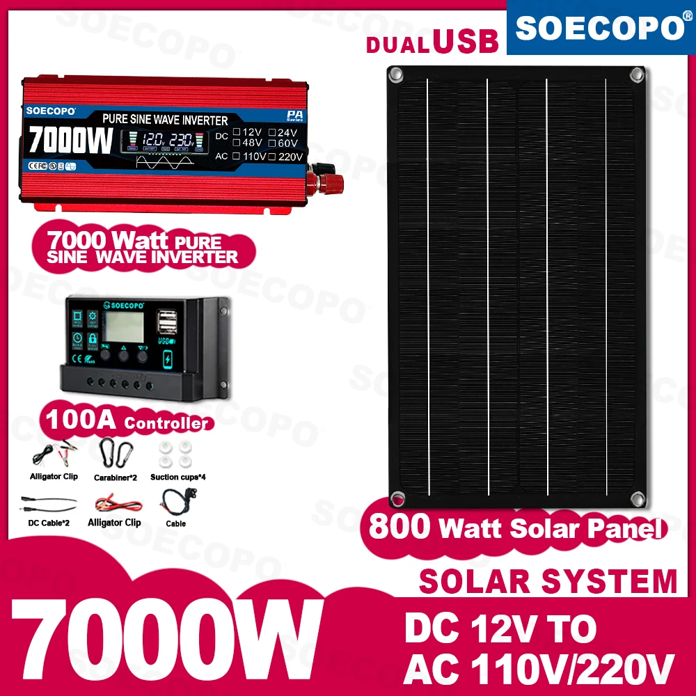 

Комплект портативной солнечной системы SOECOPO 7000 Вт: панельный инвертор чистой синусоиды мощностью 800 Вт, контроллер 100 А для кемпинга, домашнего телефона, генератора
