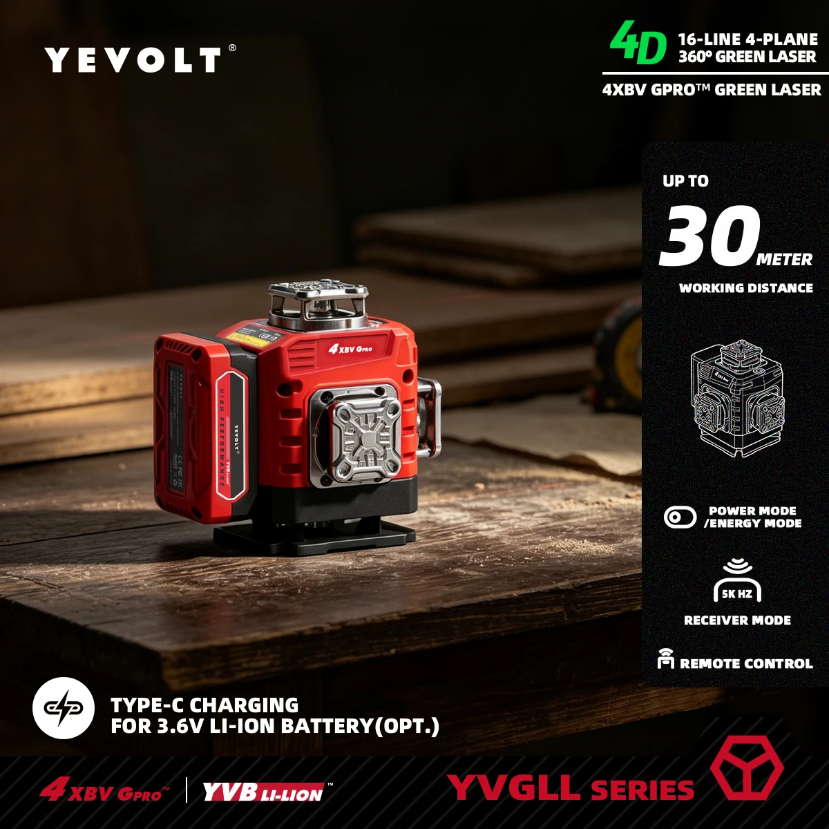 YEVOLT Green Cross 16 Lignes 4x360 °   Fonction de nivellement automatique au laser pour l'installation de décorations murales, de revêtements de sol et de bordures DIY