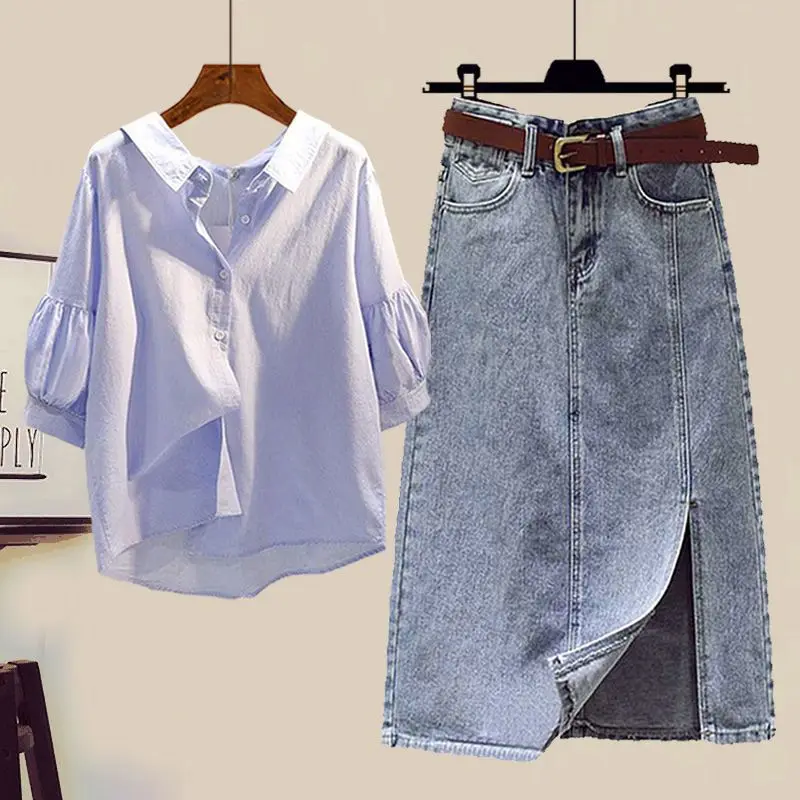 Large size spring/summer women's set 2024 new fashionable shirt top+slim denim skirt two-piece set trend
