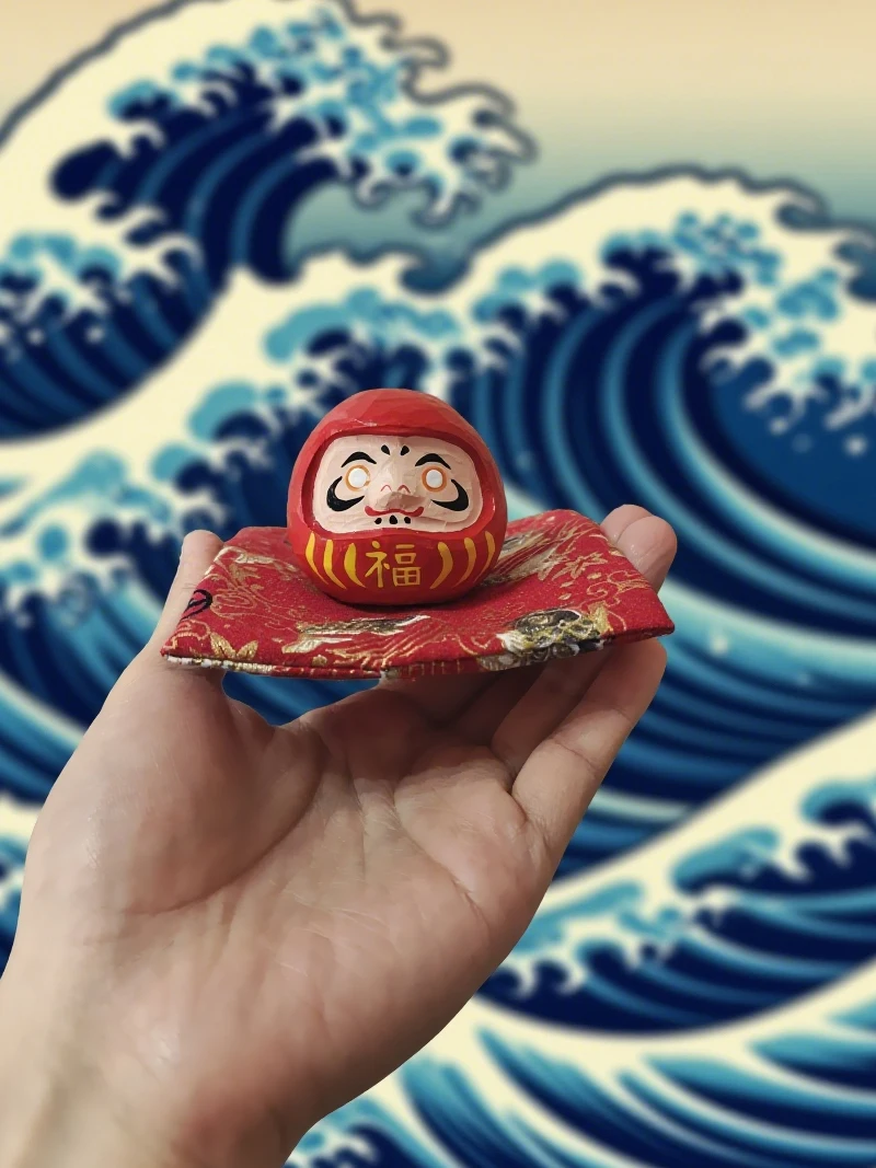 Hand-Carved Wooden Japanese Daruma Doll with Blank Eyes with Cushion for Wish Fulfillment | Lucky Charm for Home, Office, Gift