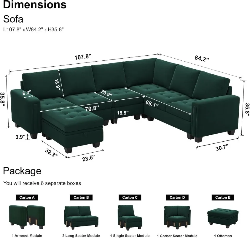 Modular Sectional Sofa Couch 7-Seater Convertible Sectional Sofa Velvet Modular Sectional with Storage Ottoman L Shaped