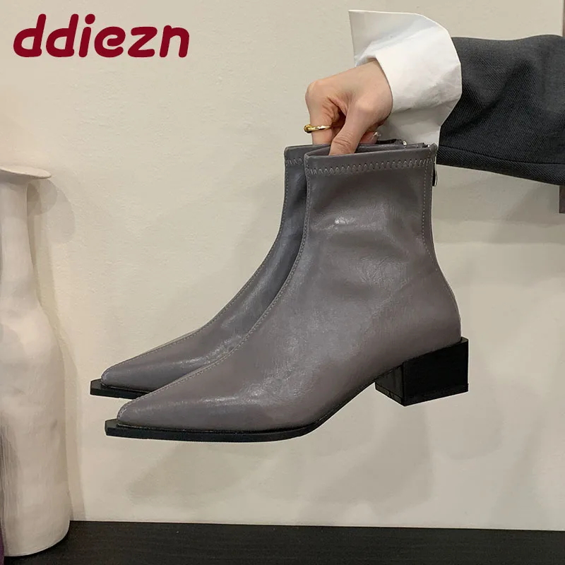 

Современные женские ботильоны с острым носком, женская обувь на молнии, модные эластичные короткие ботинки на каблуке, женские туфли-лодочки 2025