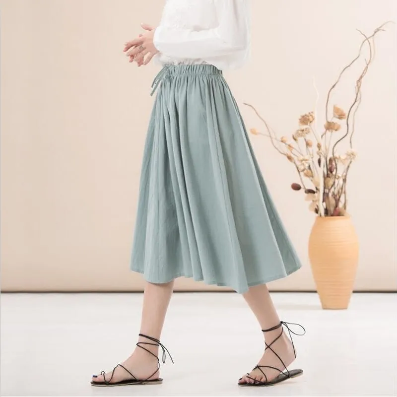 2026 Woman Cotton Linen Solid Skirts New Spring Summer Fashion lace-up A-Line - Casual Loose High Waist Female Slim White