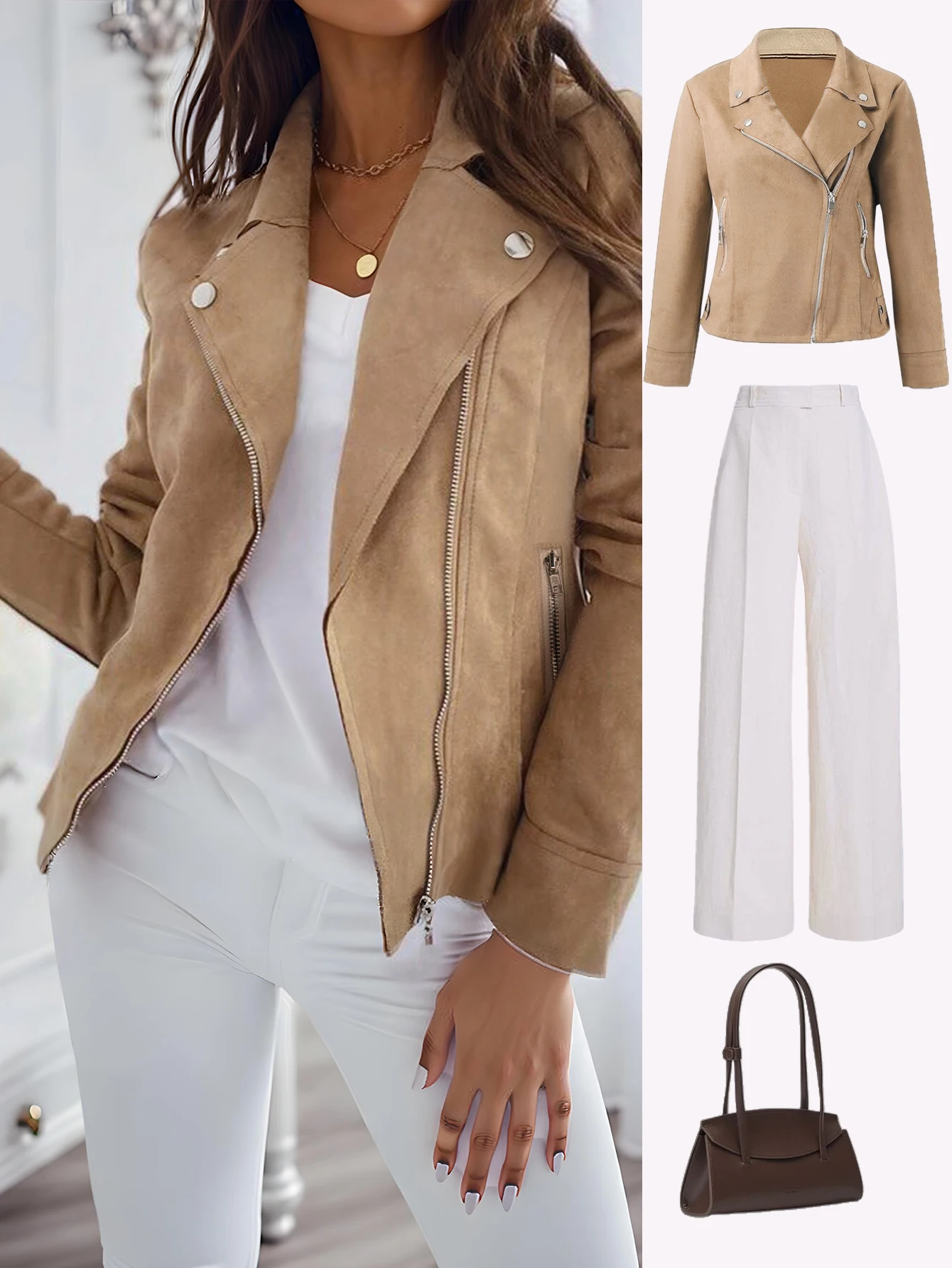 

Autumn/Winter Long-Sleeved Motorcycle Zipper Cardigan Jacket, Women's Casual Slim Fit Short Stand Collar Zipper Jacket, Button D