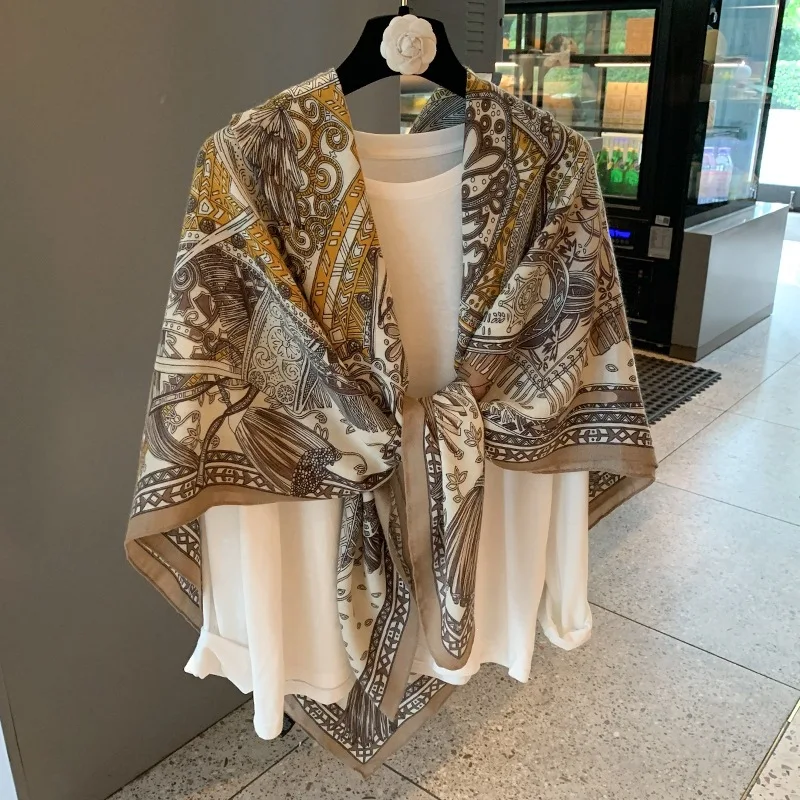 Women's Monet Print Yellow Green Square Scarf, Multi-Functional Sun Shawl Head Wrap, Artistic Beach Cover Up Pashmina