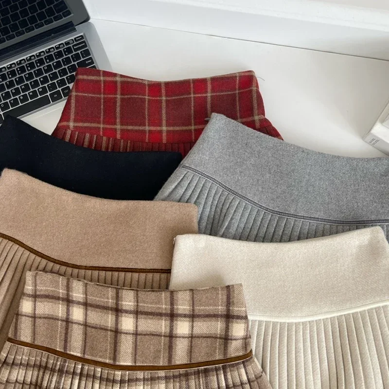 Plaid Pleated Mini Skirt Thick Wool Short Skirt High Waist Box-pleat Miniskirt for Women Teen-girl Preppy Style Outfit