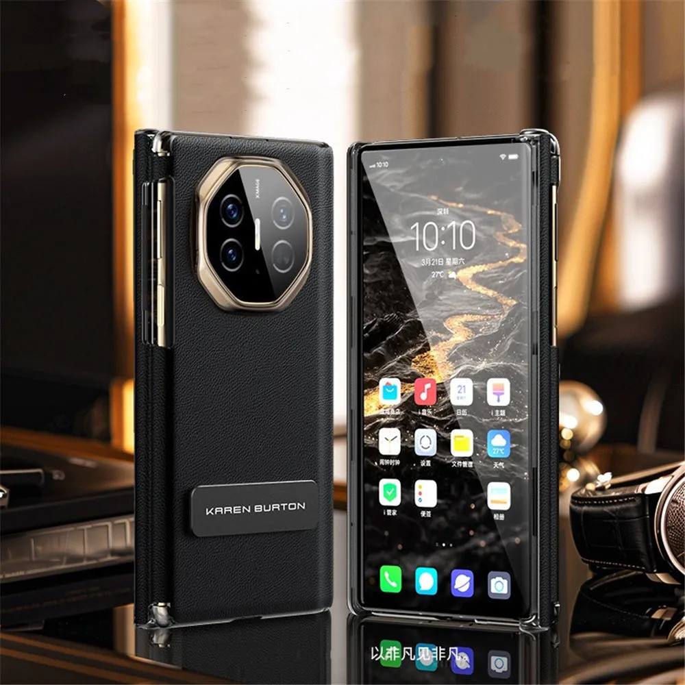 

Genuine Cowhide Leather Double Hinge Protective Case for Huawei Mate XT Bracket Back Cover