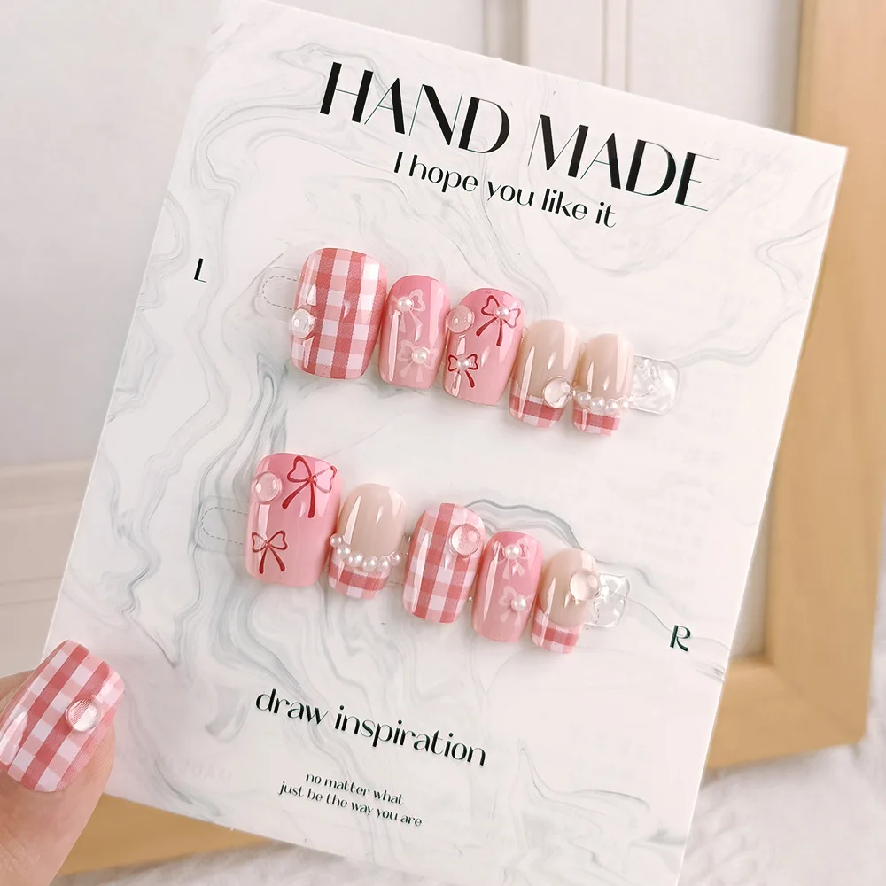 

10pcs Pink Square Short Press-On Nails with Bowknot Plaid and Cat Eye Patterns Glittery Solid Color Finish Nails for Women/Girls