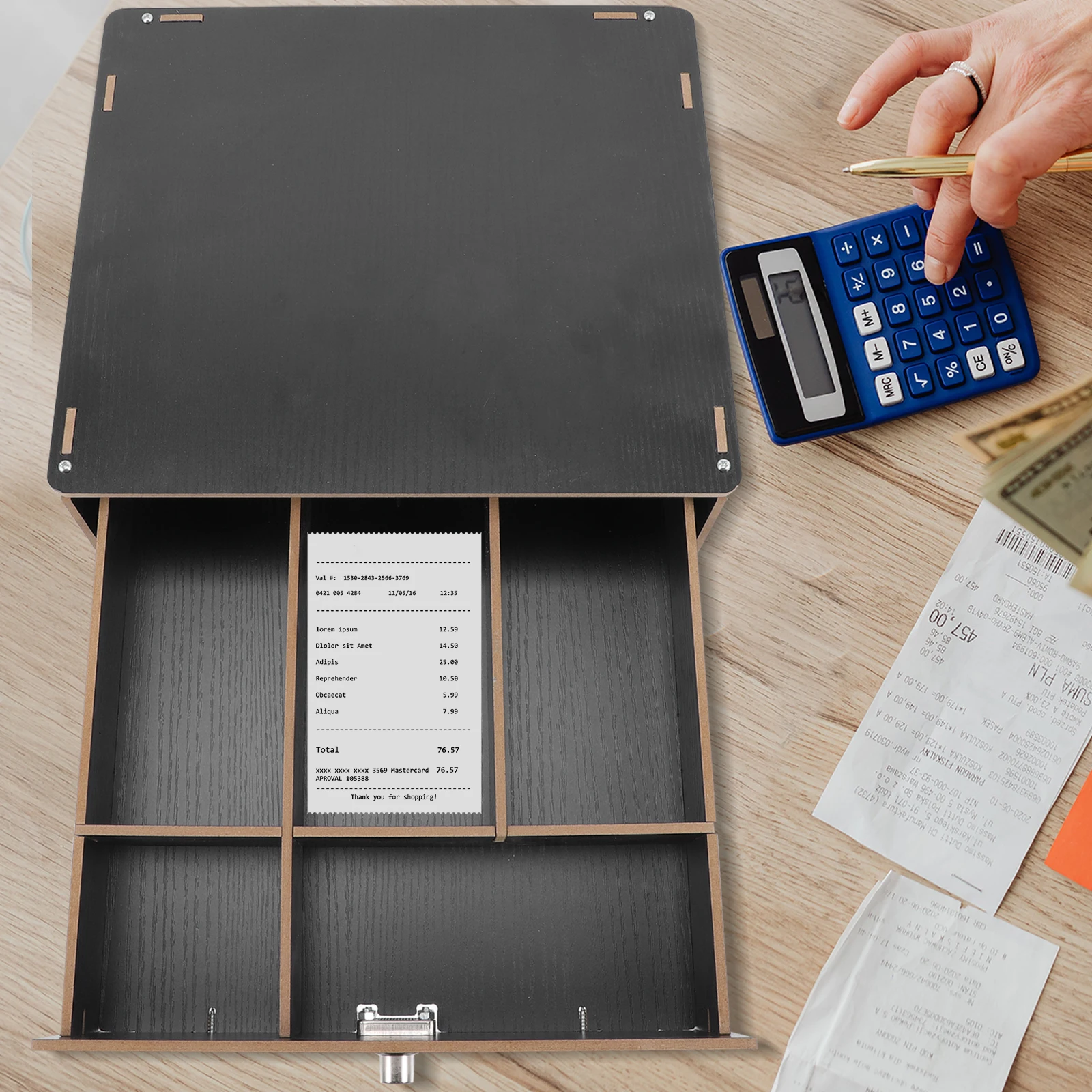 

Wooden Multi Grid Box Coin Note Storage Tray Desk ganizer Money Holder Cash Register Shop Retail Store Supermarket