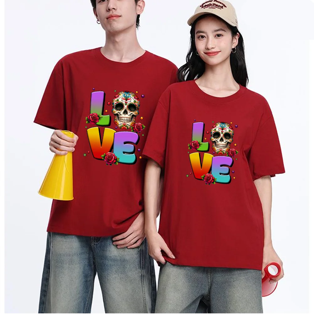 Sugar Skull Love Print Printed T Shirt Breathable Fabric S-XXL Personalized Custom Casual Short Sleeve Tee Unisex Fit Aesthetic
