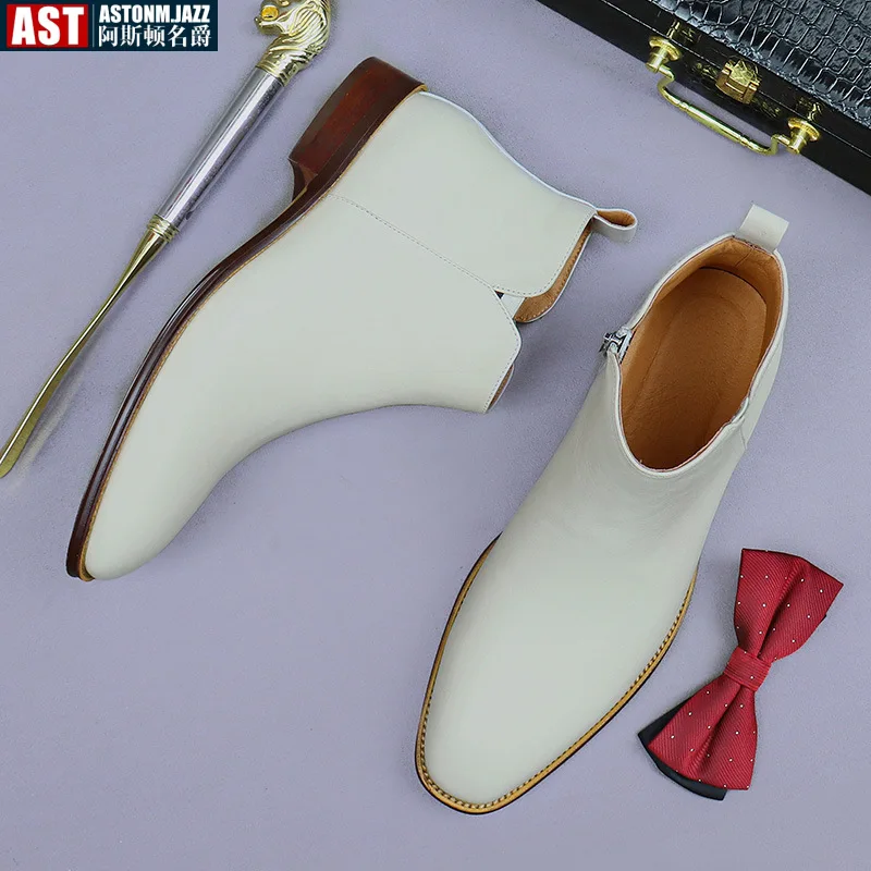 Mens White Chelsea Boots Classic Genuine Leather Brown British Style Comfortable Luxury Ankle Casual Business Social Shoes Male